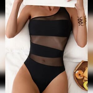Elegant Black One Shoulder Swimsuit with Contrast Mesh High Elasticity